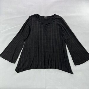 AB Studio Knit Top Women XL Black Heather Bell Sleeve Faux Lace‎ Up Neckline